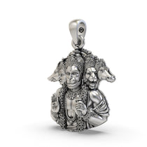 Angled side profile of the oxidized 925 silver Panchmukhi Hanumanji pendant, highlighting its crafted depth.