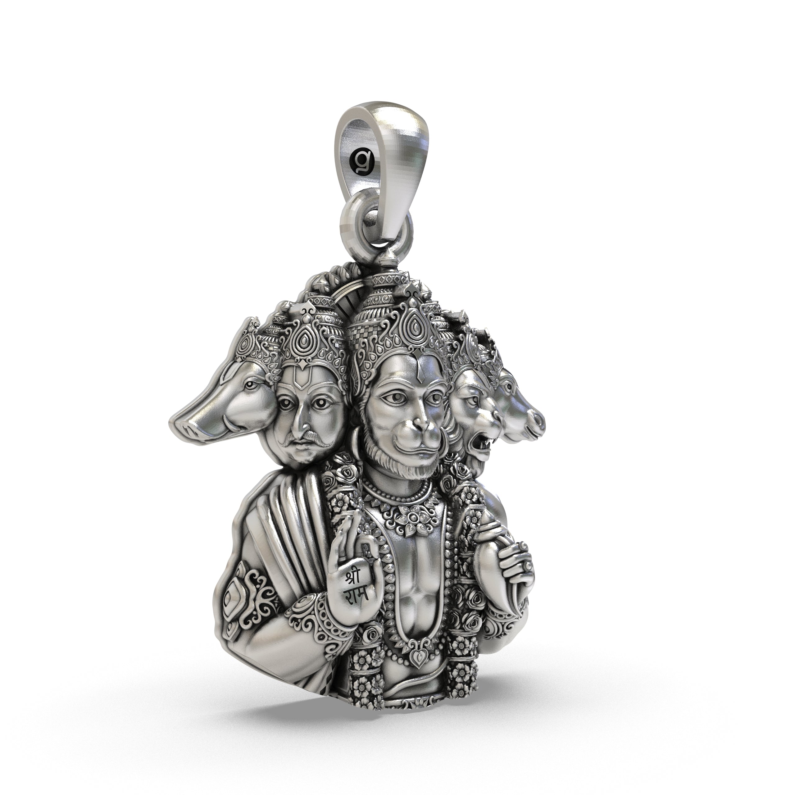 Close-up detail of the 925 silver Panchmukhi Hanumanji pendant, showcasing the fine craftsmanship on each face.