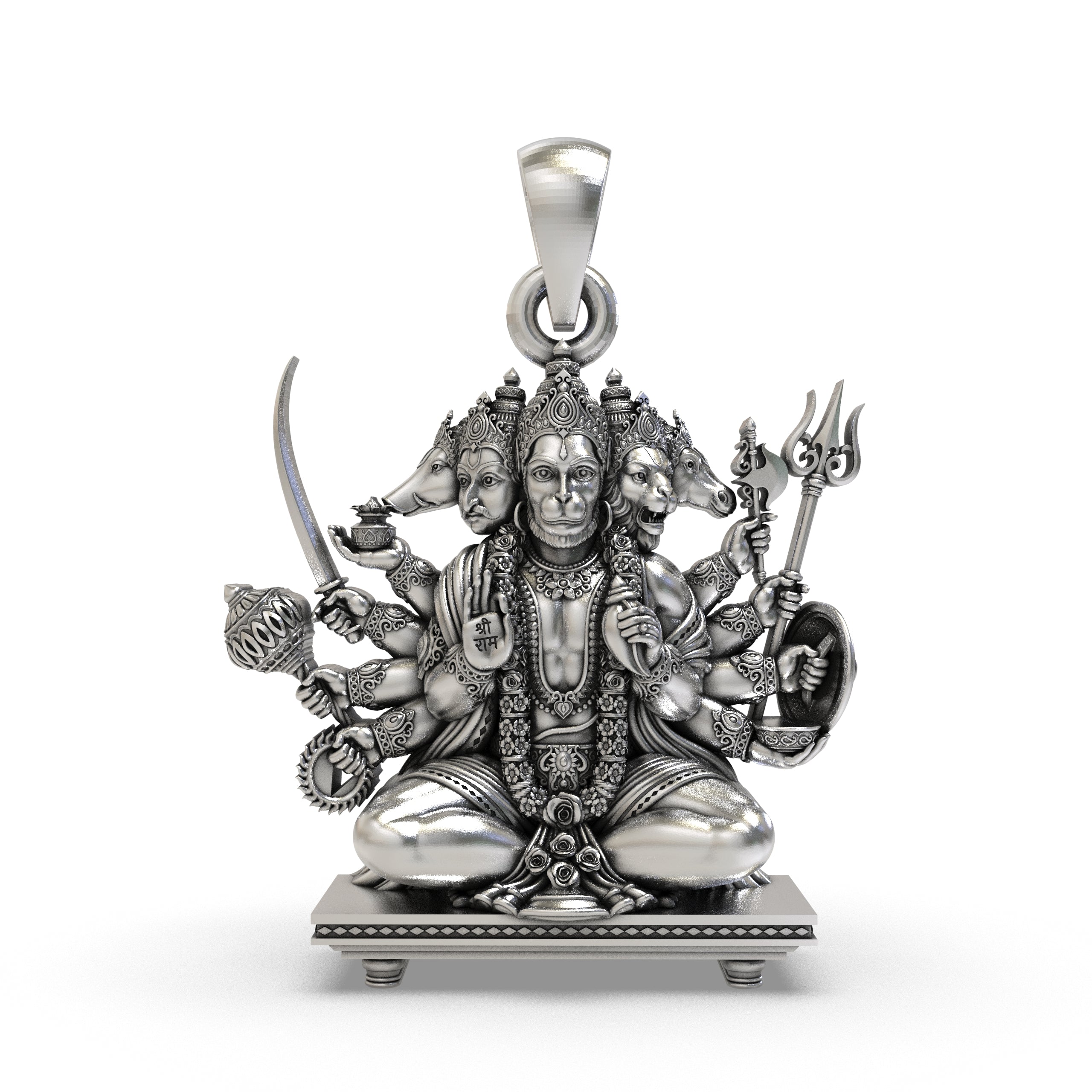 Front view of the 925 silver Sitting Panchmukhi Hanuman pendant, showing the intricate five-faced design. Main image