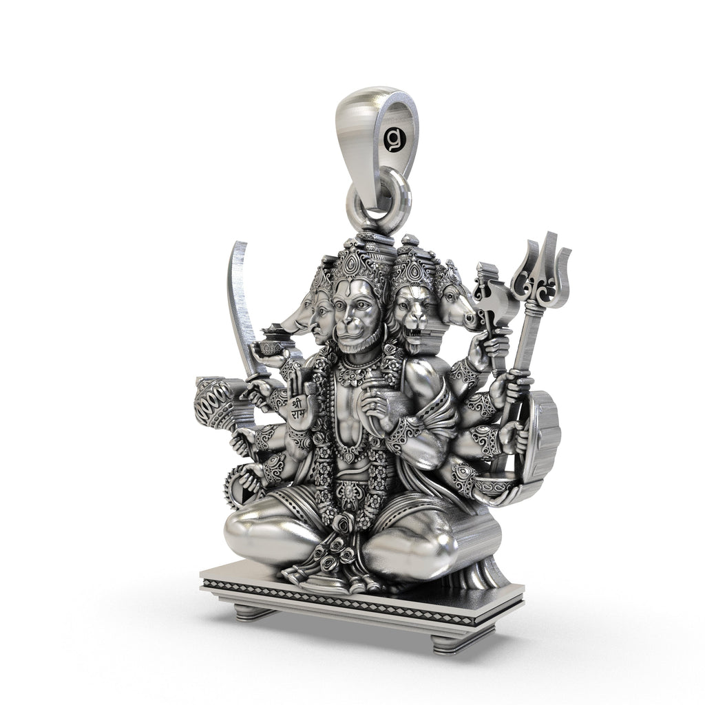 Angled view of the oxidized 925 silver Panchmukhi Hanuman pendant, highlighting its detailed craftsmanship.
