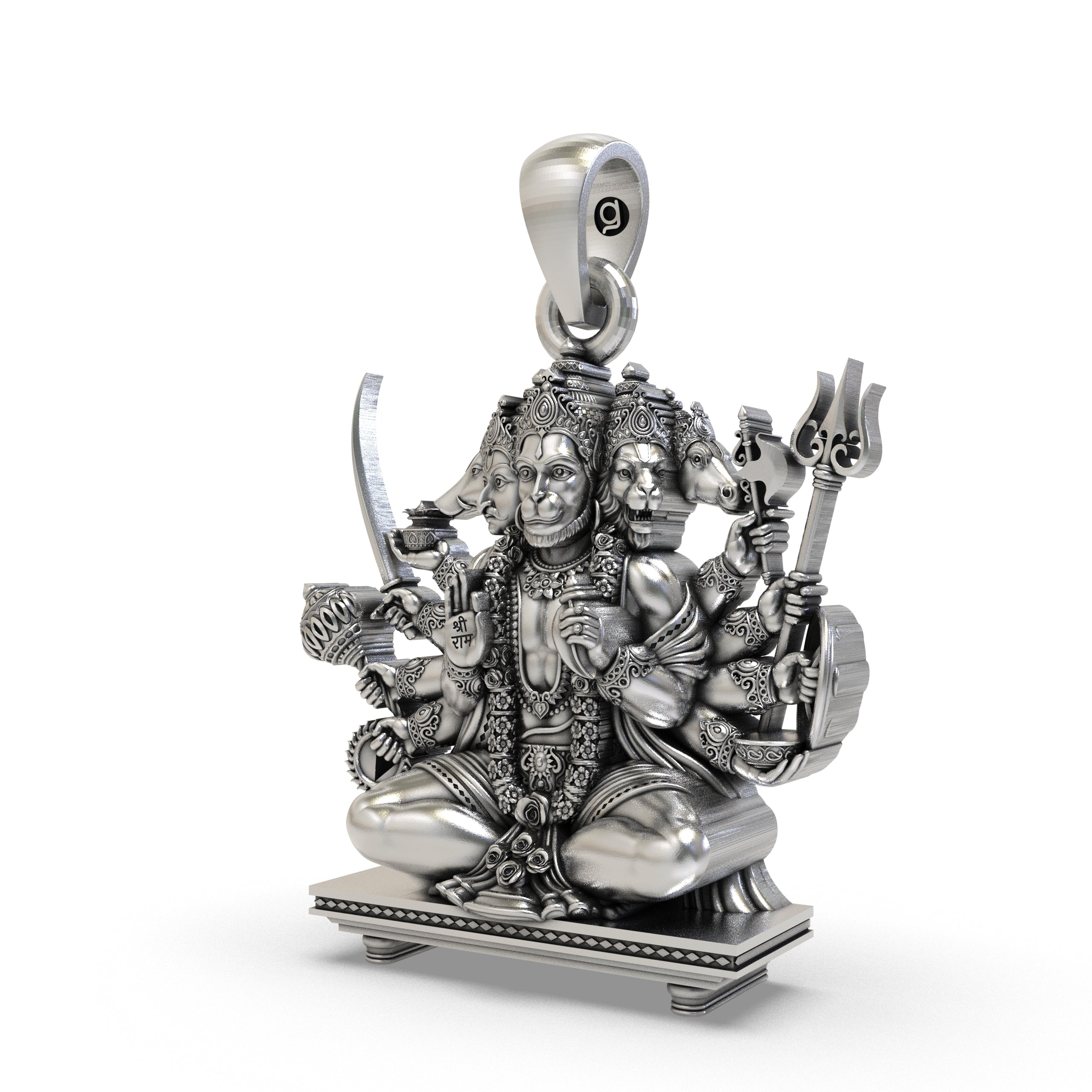 Angled view of the oxidized 925 silver Panchmukhi Hanuman pendant, highlighting its detailed craftsmanship.