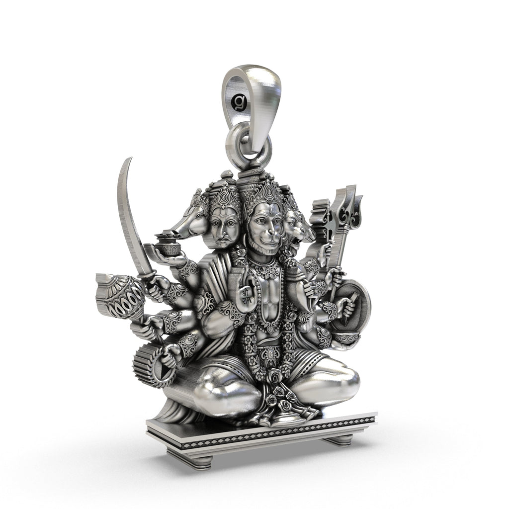 Close-up detail of the Sitting Panchmukhi Hanuman pendant in 925 silver, showcasing its antique oxidized finish.