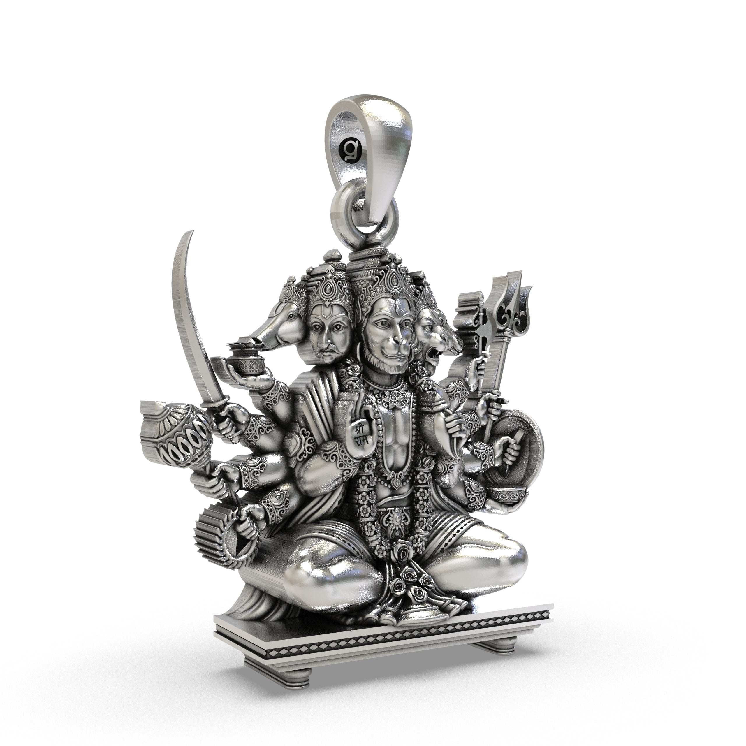 Close-up detail of the Sitting Panchmukhi Hanuman pendant in 925 silver, showcasing its antique oxidized finish.