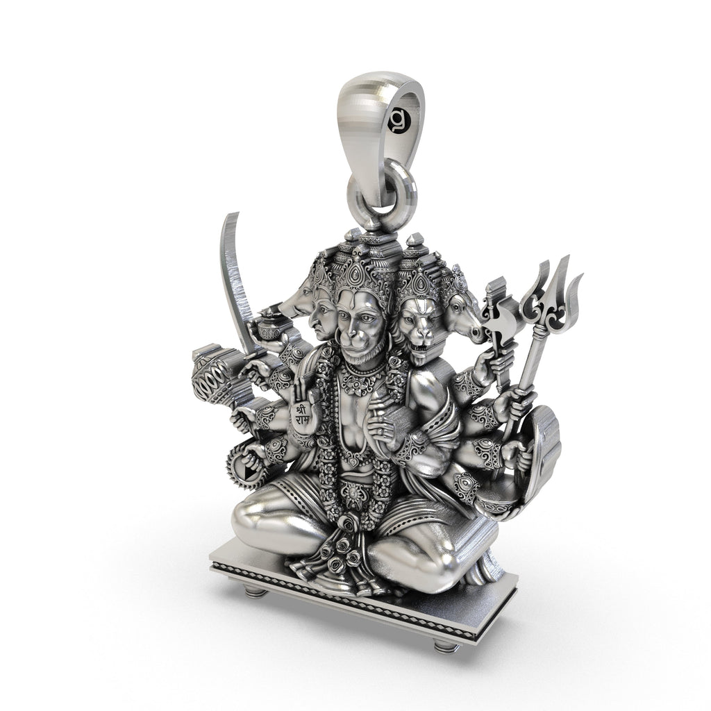 Side profile of the 925 silver Panchmukhi Hanuman pendant, revealing its hollow back for lightweight comfort.