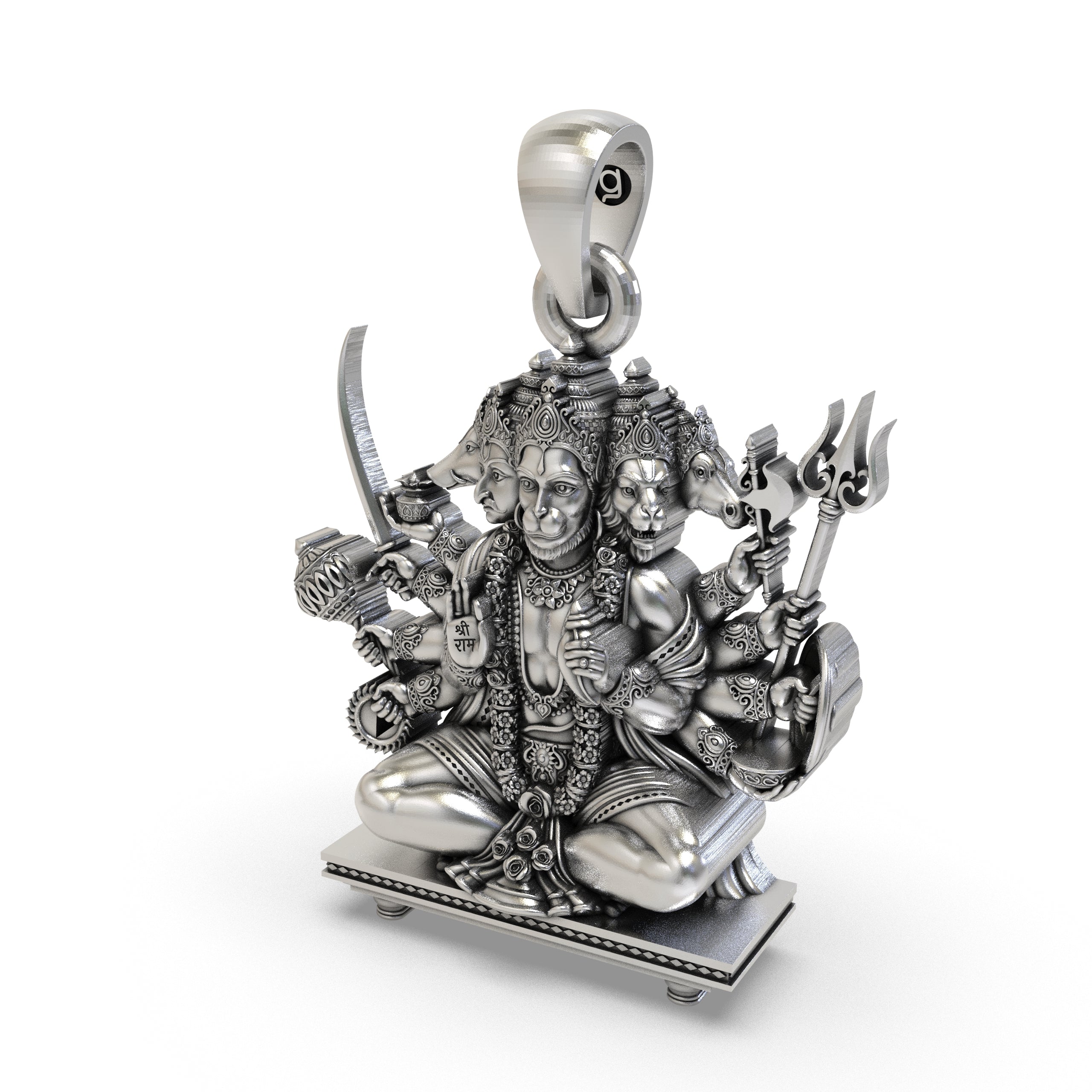 Side profile of the 925 silver Panchmukhi Hanuman pendant, revealing its hollow back for lightweight comfort.