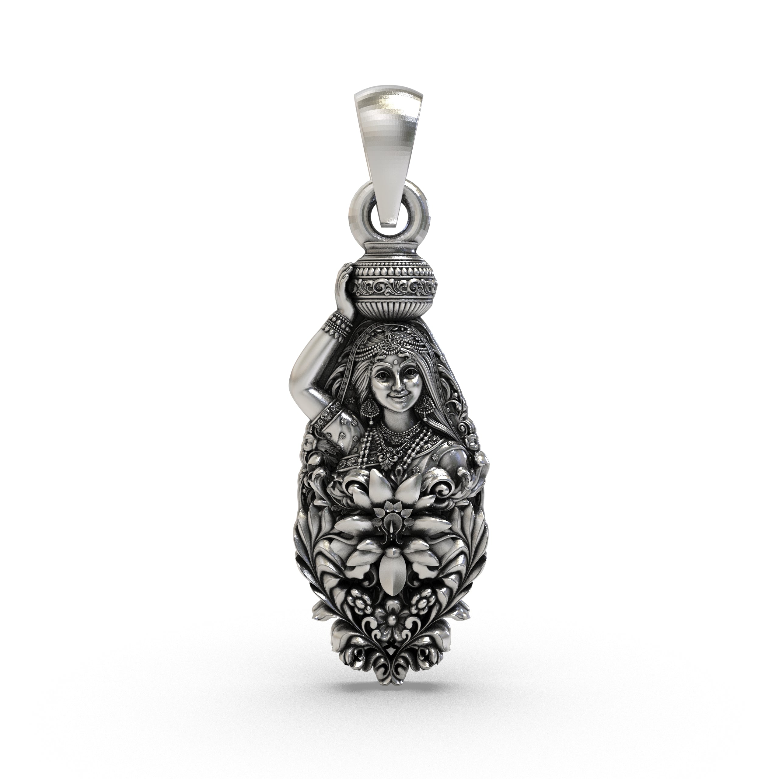 Front view of the 925 Silver Radhaji Pendant showing the intricate depiction of Goddess Radha with an oxidized finish. Main image