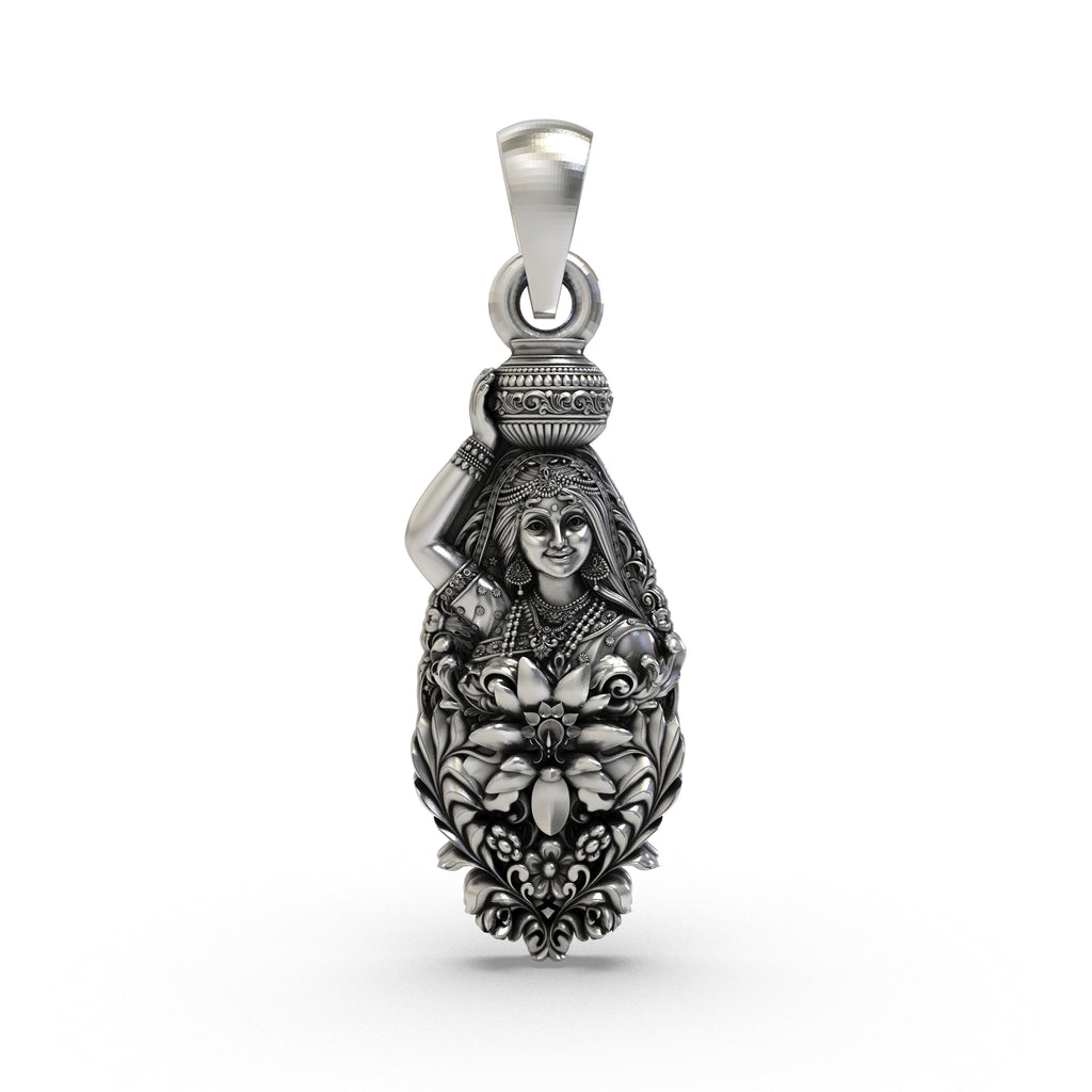 Front view of the 925 Silver Radhaji Pendant showing the intricate depiction of Goddess Radha with an oxidized finish.