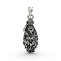 Front view of the 925 Silver Radhaji Pendant showing the intricate depiction of Goddess Radha with an oxidized finish.