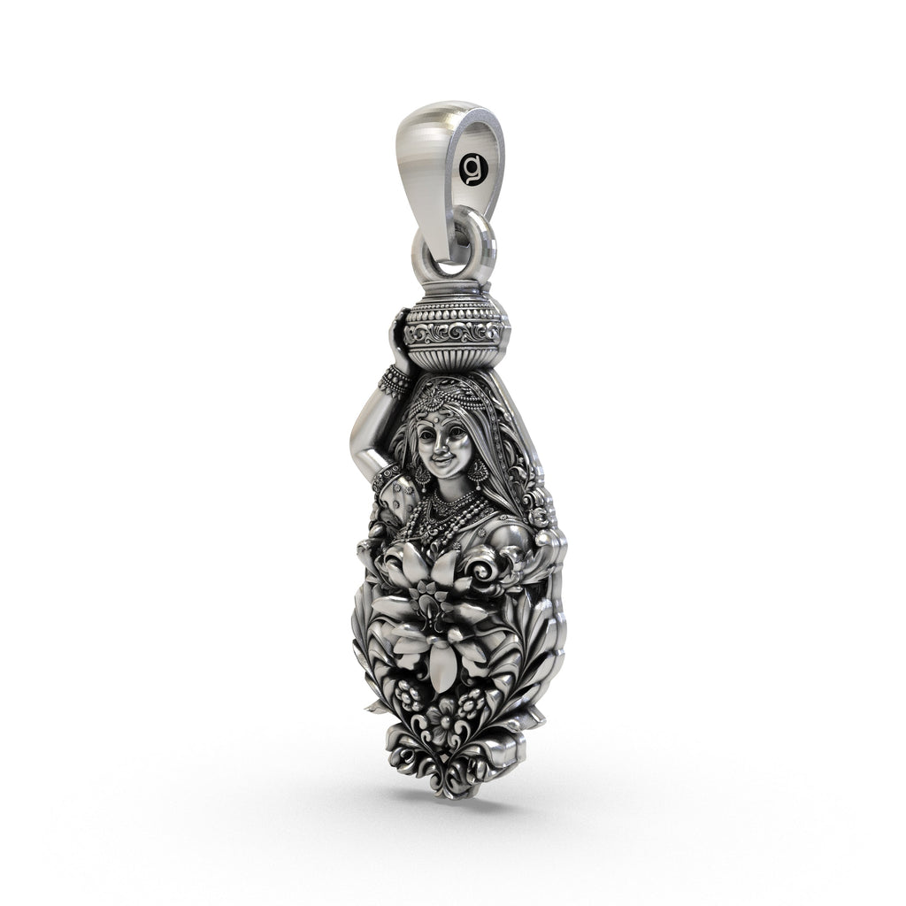 Angled view of the 925 Silver Radhaji Pendant highlighting its detailed craftsmanship and sterling silver antique look.