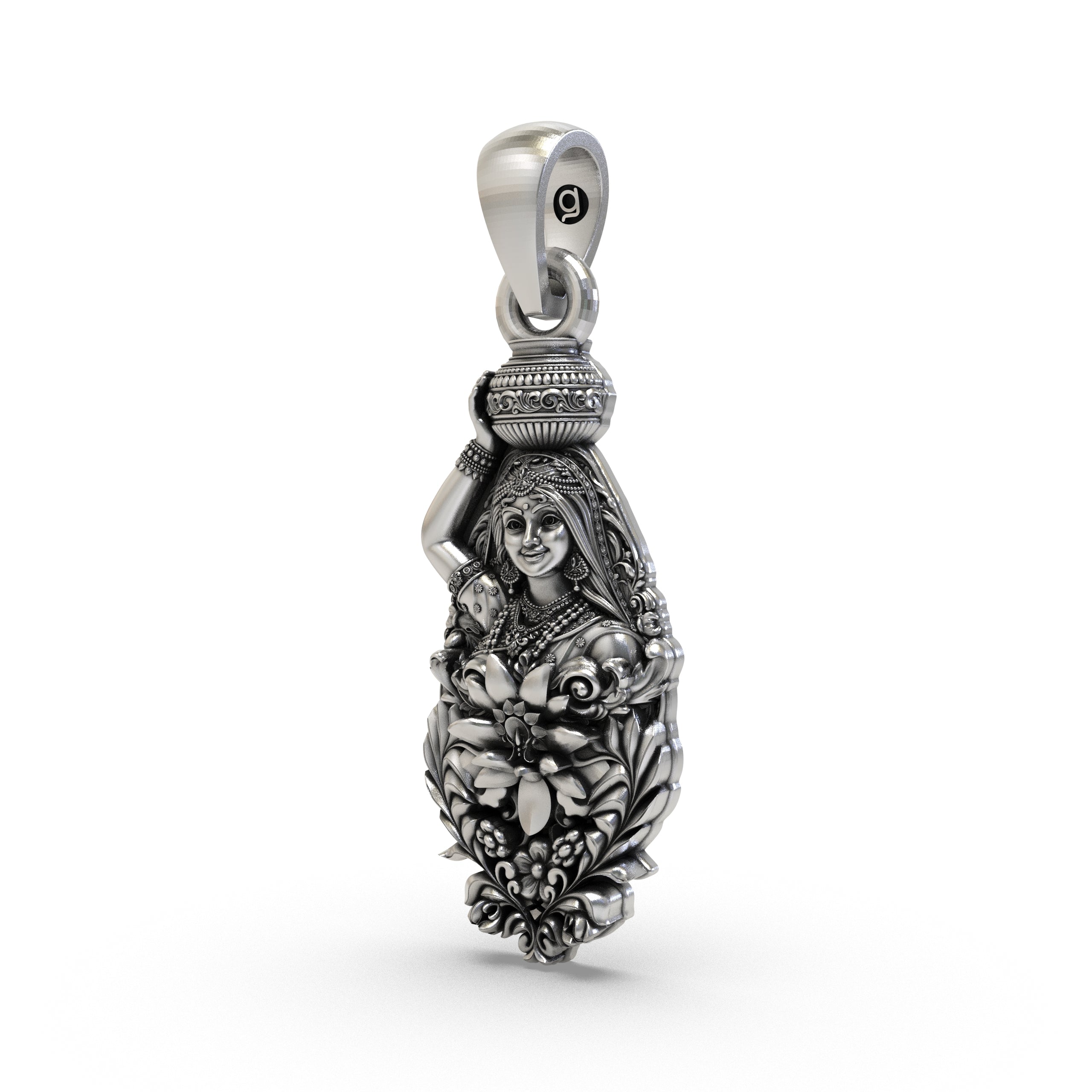 Angled view of the 925 Silver Radhaji Pendant highlighting its detailed craftsmanship and sterling silver antique look.