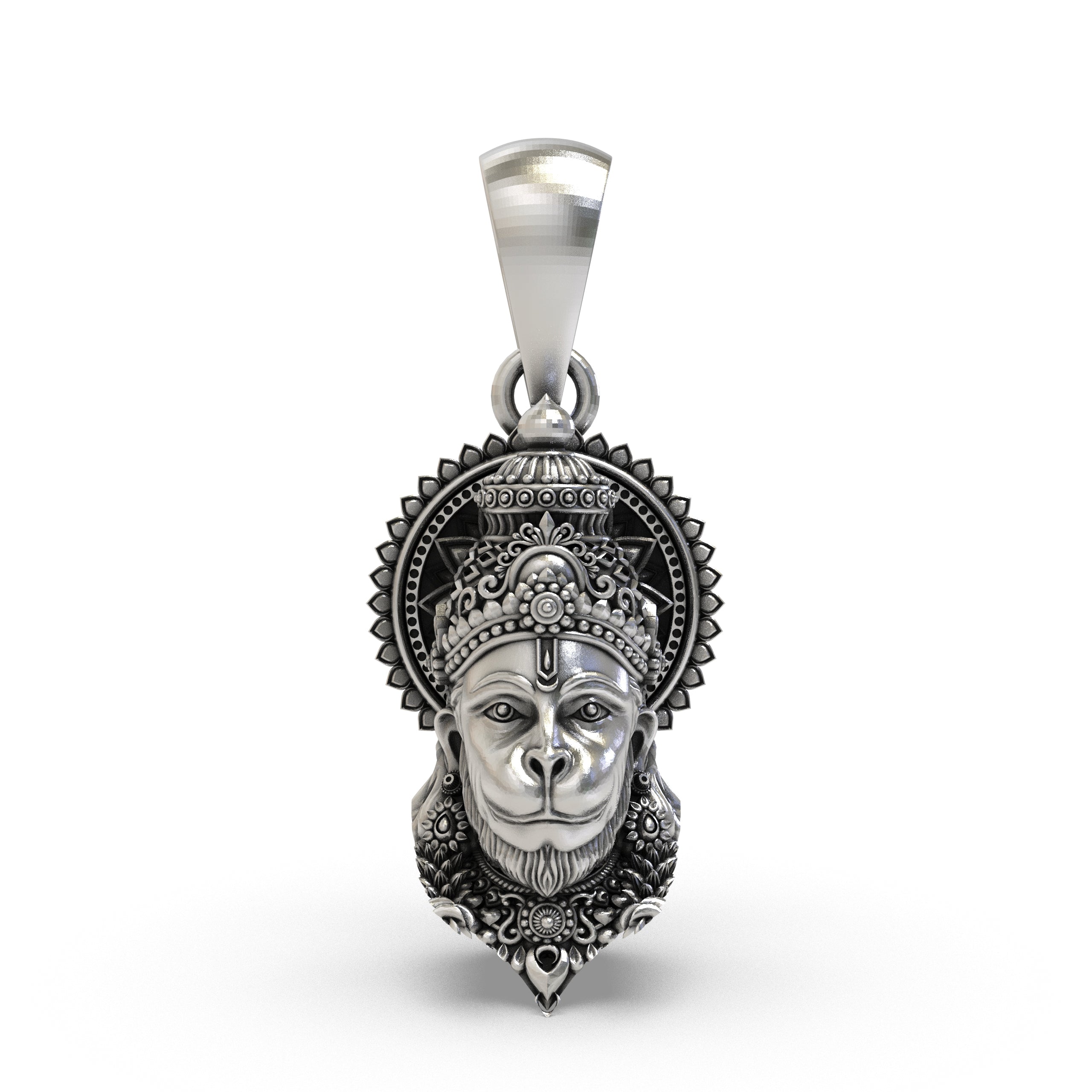A detailed front view of the 925 silver Hanumanji face pendant, showcasing its serene and powerful expression.