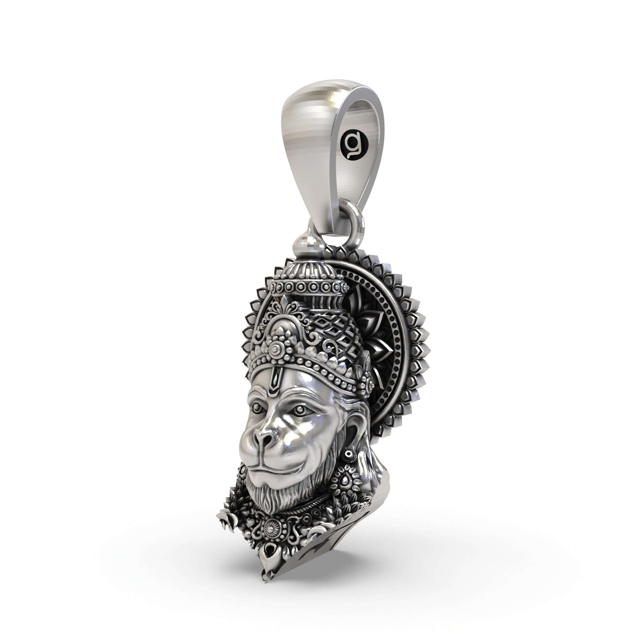 Side profile of the oxidized 925 silver Hanumanji pendant, highlighting the depth and craftsmanship of the face.