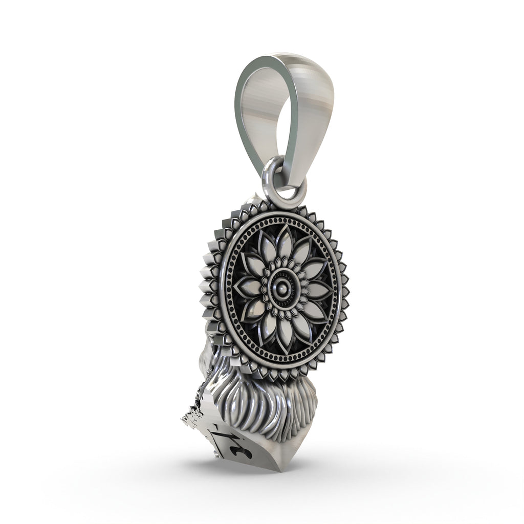 The devotional 925 silver Hanumanji face pendant shown with a chain to illustrate how it is worn for protection.