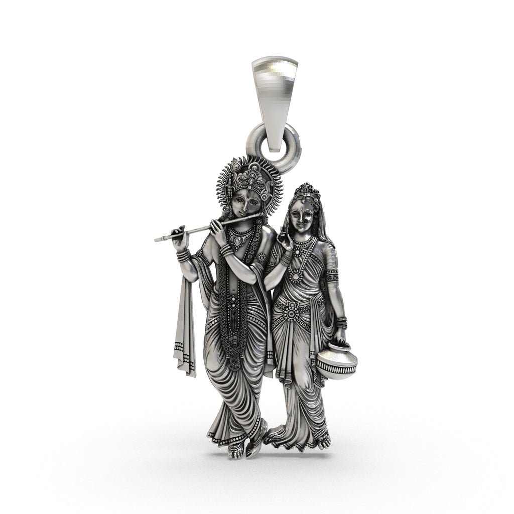 Front view of the 925 silver Radha Krishna pendant, showing the divine couple in an intricate oxidized finish.