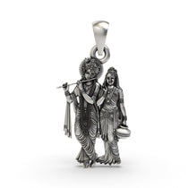 Front view of the 925 silver Radha Krishna pendant, showing the divine couple in an intricate oxidized finish.