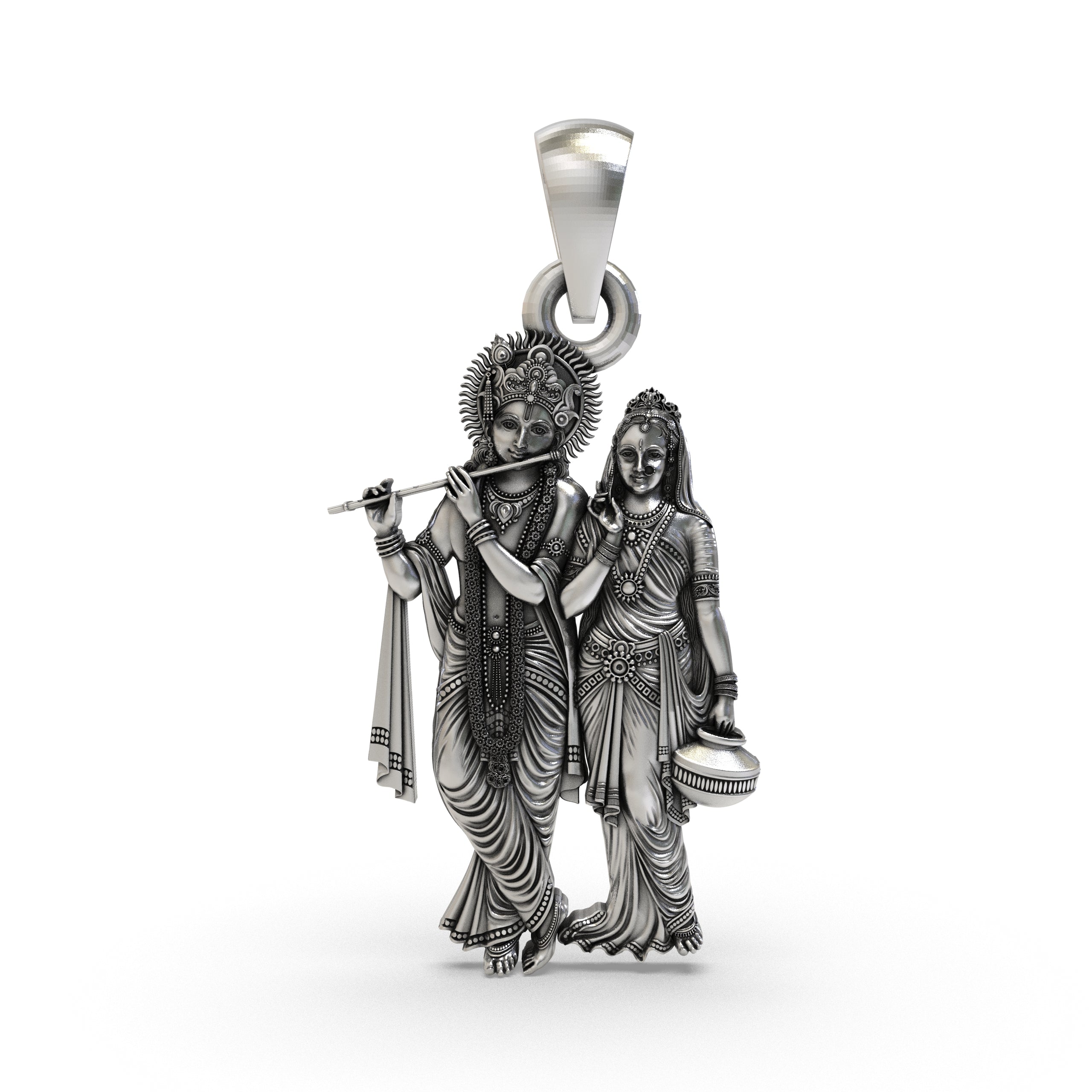 Front view of the 925 silver Radha Krishna pendant, showing the divine couple in an intricate oxidized finish.