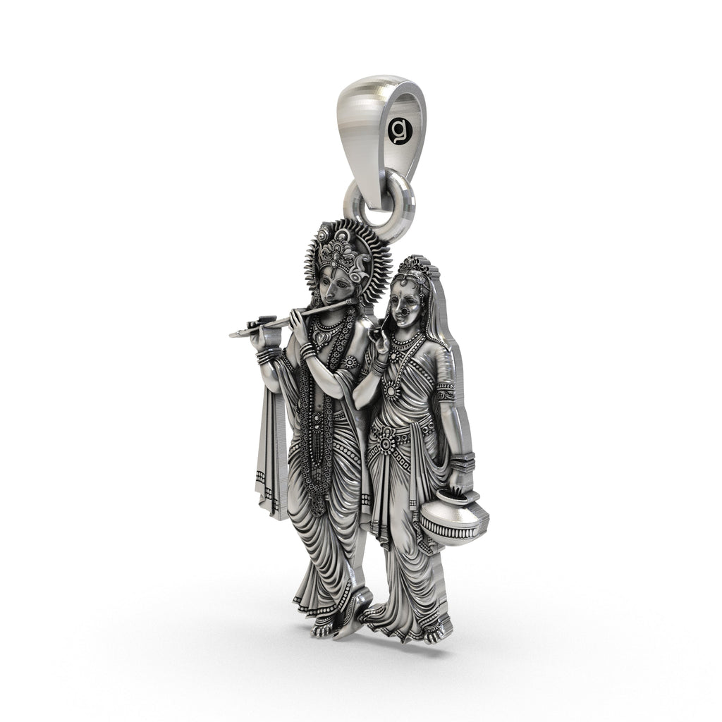 Angled view of the spiritual Radha Krishna pendant, showcasing the detailed craftsmanship in 925 sterling silver.