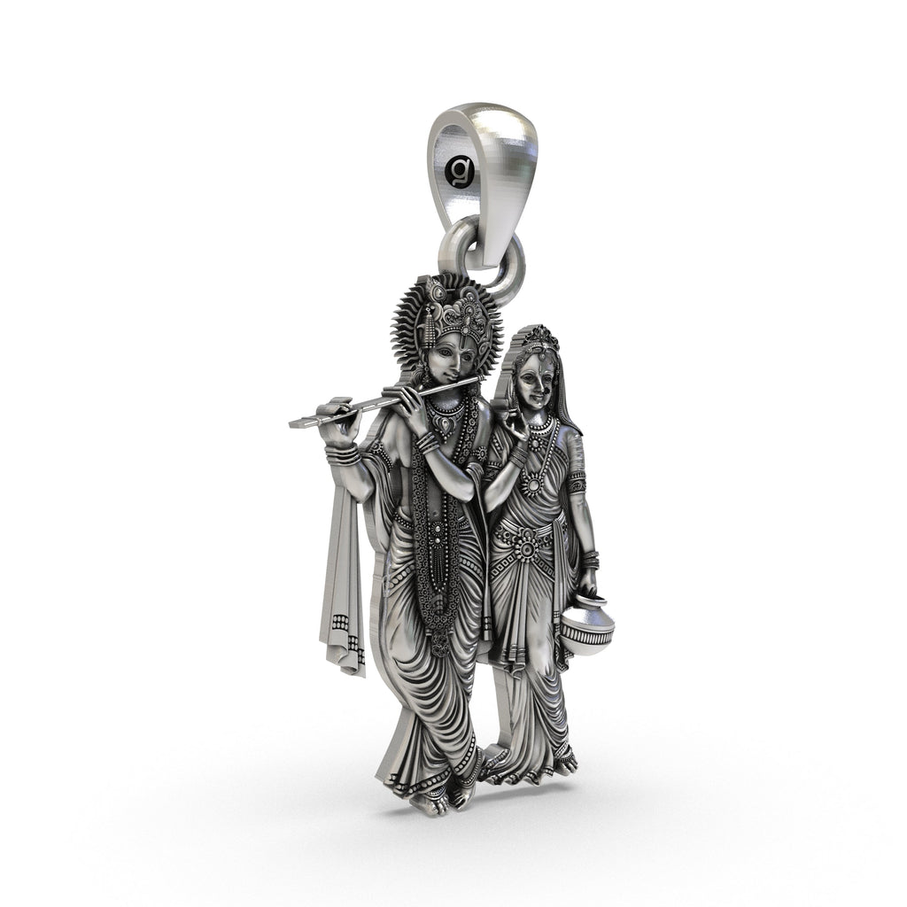 Close-up detail of the oxidized 925 silver Radha Krishna pendant, highlighting the eternal love symbolism.