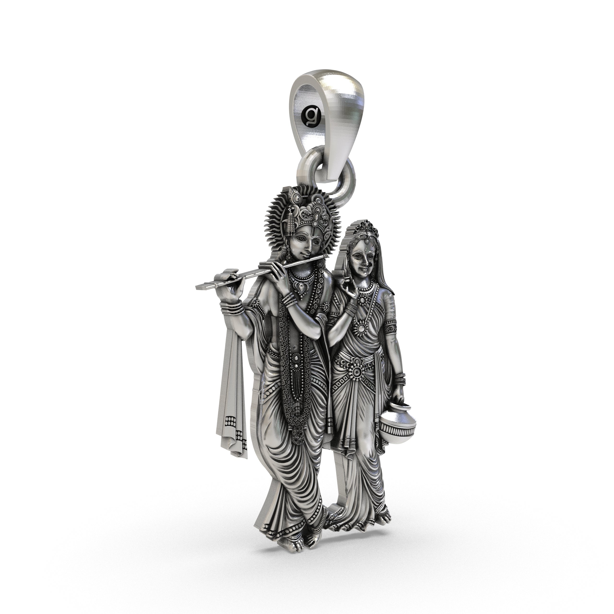 Close-up detail of the oxidized 925 silver Radha Krishna pendant, highlighting the eternal love symbolism.