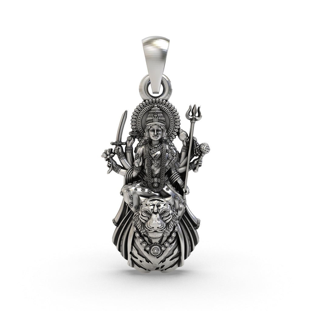 Front view of the 925 silver Ambemaa pendant showing the intricate face of Goddess Durga Mata.