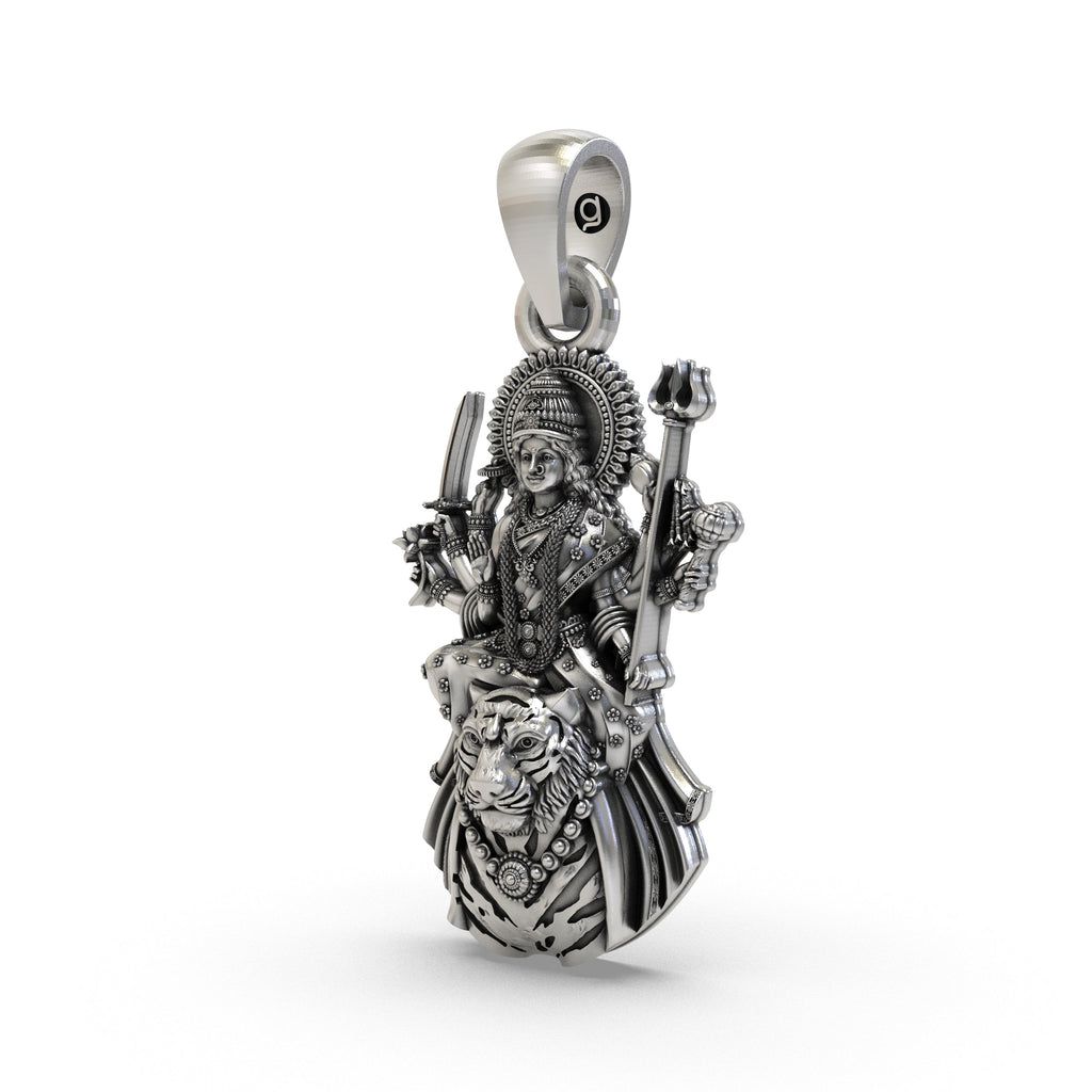 Angled side view of the oxidized 925 silver Durga Mata pendant highlighting its detailed craftsmanship.