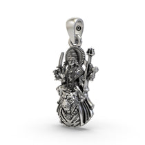 Angled side view of the oxidized 925 silver Durga Mata pendant highlighting its detailed craftsmanship.
