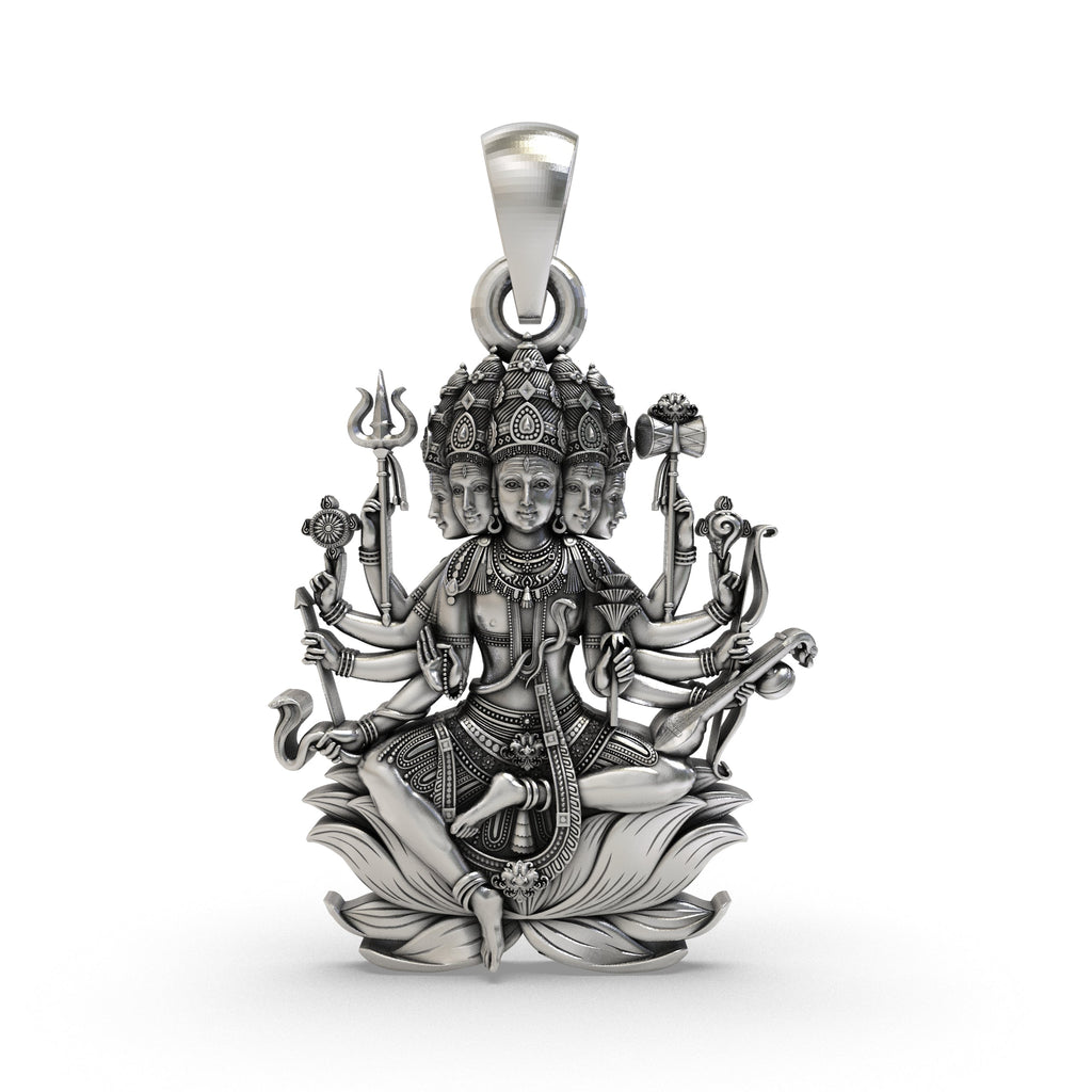 Front view of the detailed 925 Silver Panchmukhi Shiva Pendant, showcasing the five faces of Mahadev with an oxidized finish.