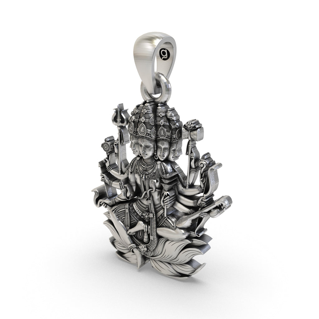 An angled profile of the handcrafted 925 Silver Panchmukhi Shiva Pendant, highlighting its intricate divine carvings and