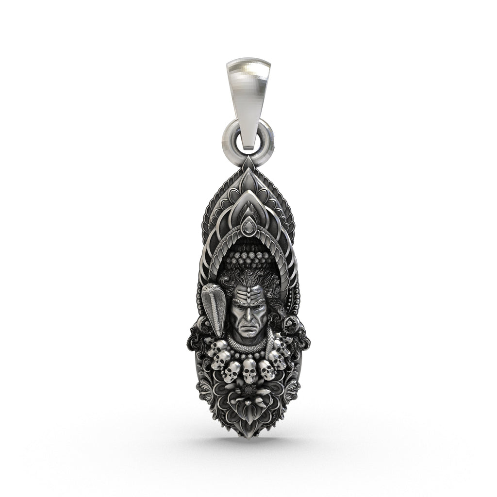Front view of the intricately detailed 925 Silver Mahadev Pendant, showing the powerful face of Lord Shiva.