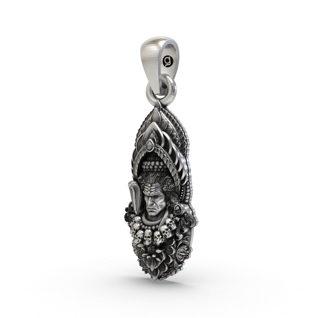 Angled profile of the oxidized 925 Silver Mahadev Pendant, highlighting its three-dimensional craftsmanship.