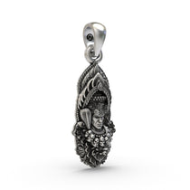 Close-up shot of the sterling silver Mahadev pendant, focusing on the rustic oxidized finish and details.