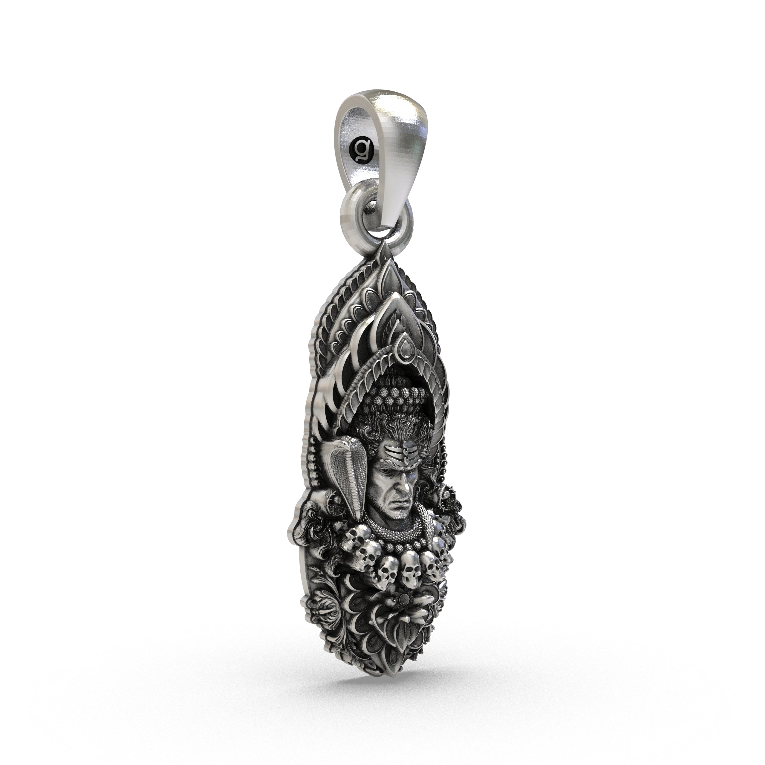 Close-up shot of the sterling silver Mahadev pendant, focusing on the rustic oxidized finish and details.