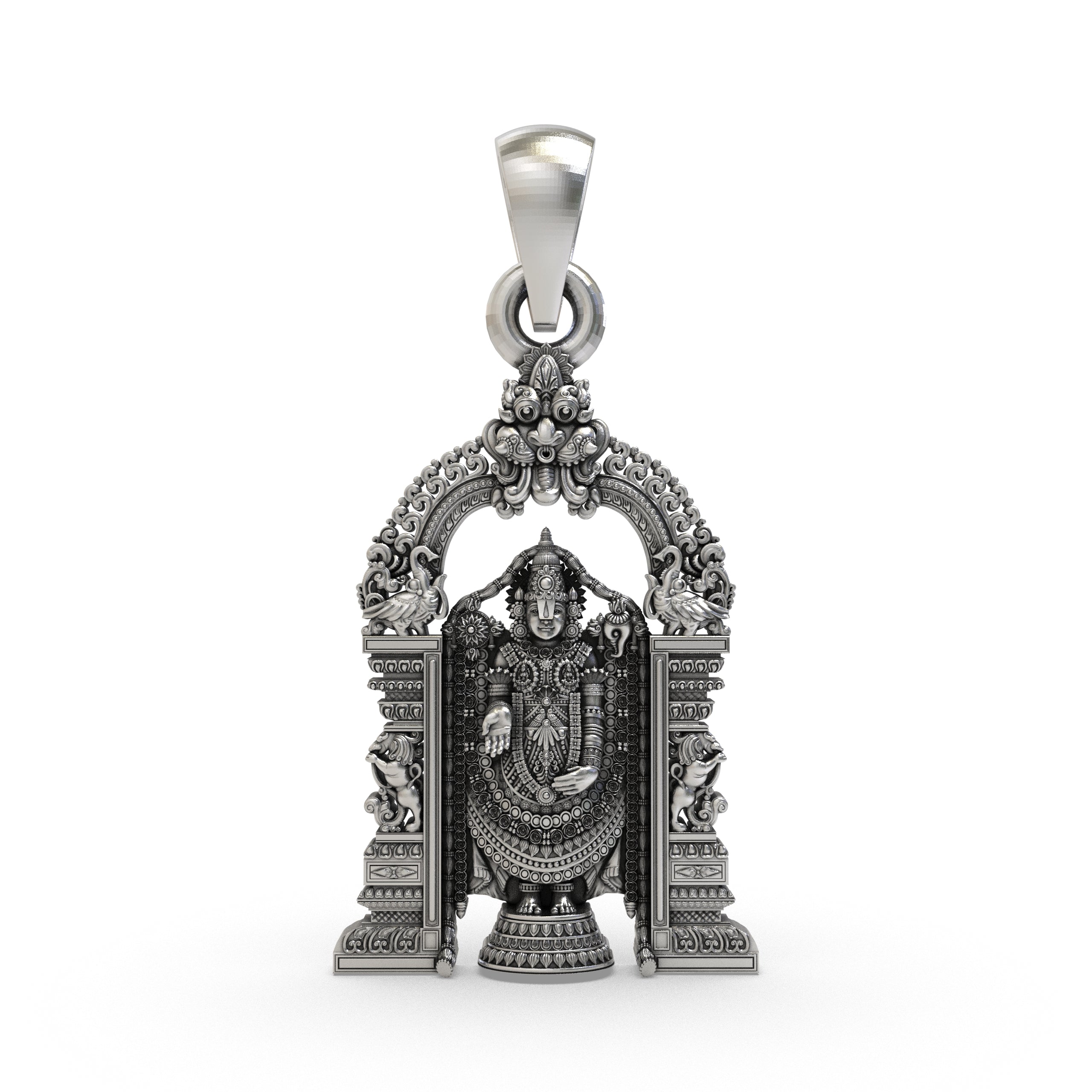 Front view of the 925 silver Tirupati Balaji pendant showing the detailed face of Lord Venkateswara with an oxidized finish. Main image
