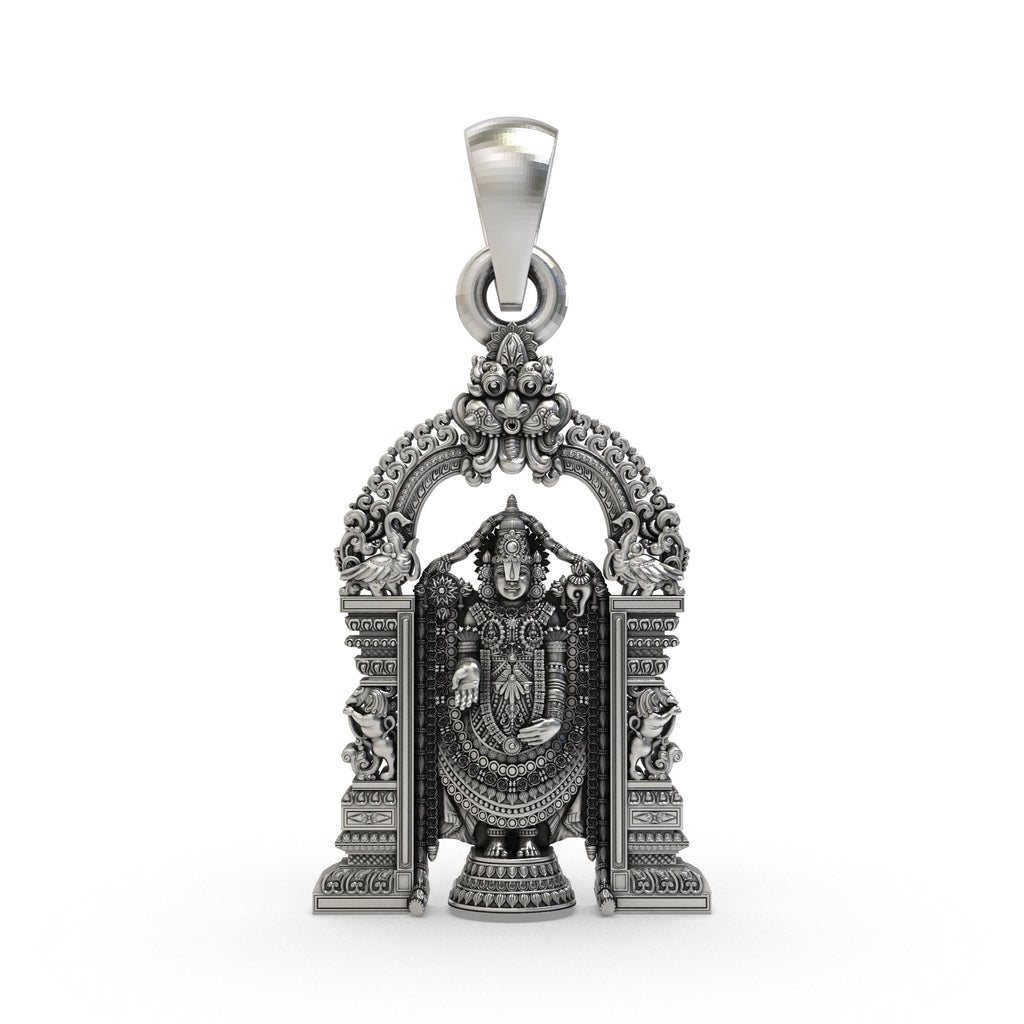Front view of the 925 silver Tirupati Balaji pendant showing the detailed face of Lord Venkateswara with an oxidized finish.