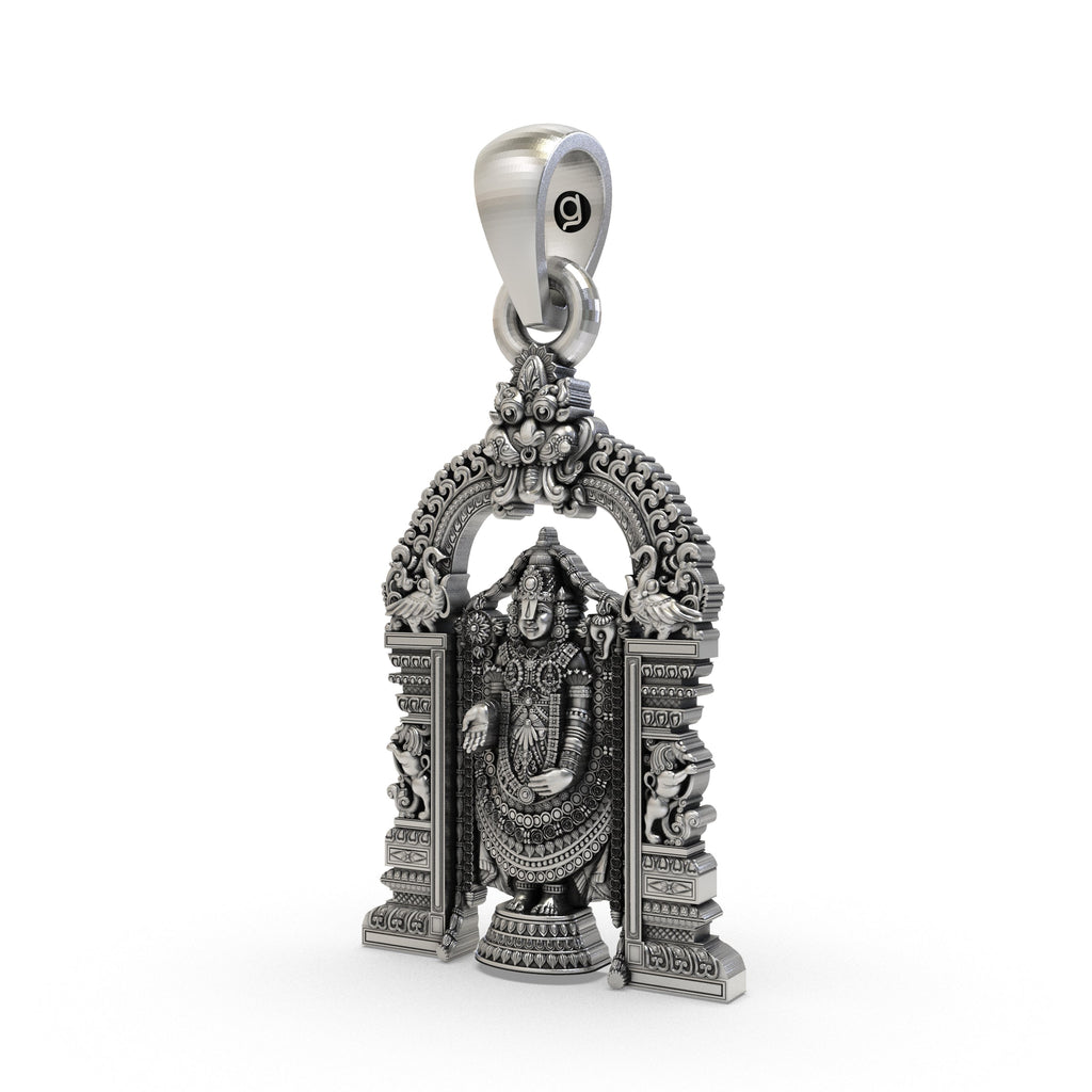 Angled side view of the Lord Venkateswara pendant in 925 sterling silver, highlighting its intricate, handcrafted details.