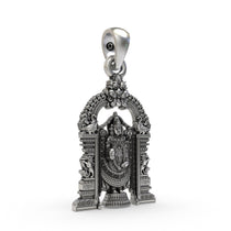 Close-up of the antique oxidized finish on the Tirupati Balaji silver pendant, showing the hollow back design for comfort.