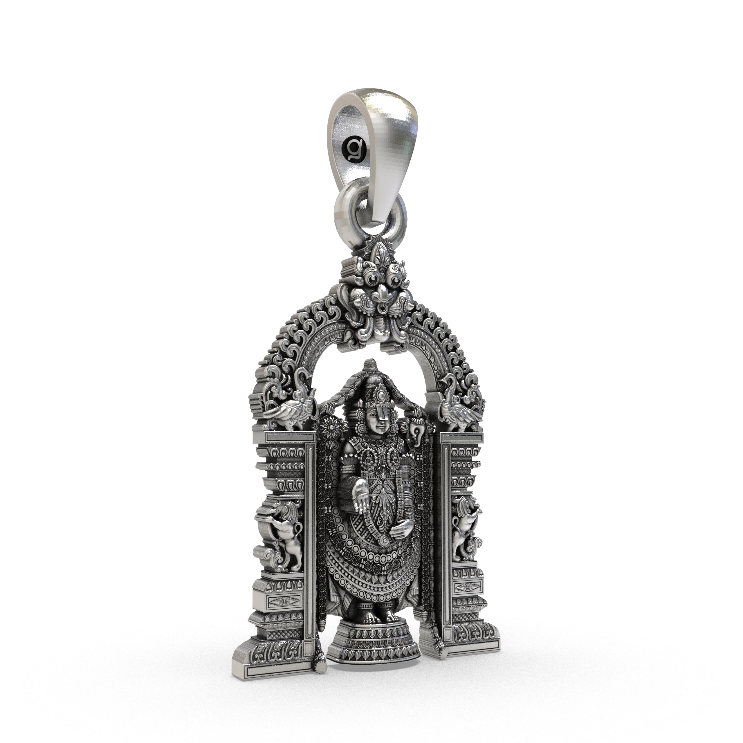 Close-up of the antique oxidized finish on the Tirupati Balaji silver pendant, showing the hollow back design for comfort.