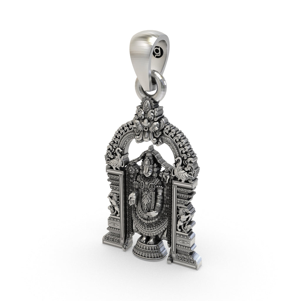 A 925 silver Lord Venkateswara pendant on a plain background, showcasing its spiritual elegance and traditional Hindu design.