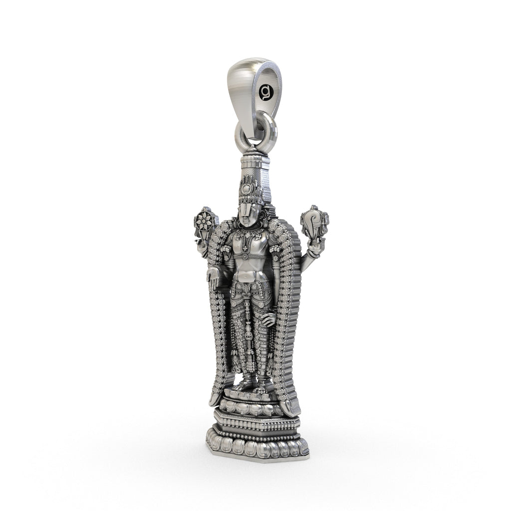 Close-up of the oxidized sterling silver Tirupati Balaji pendant, highlighting the detailed craftsmanship.