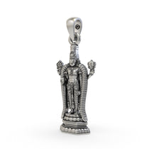 Close-up of the oxidized sterling silver Tirupati Balaji pendant, highlighting the detailed craftsmanship.