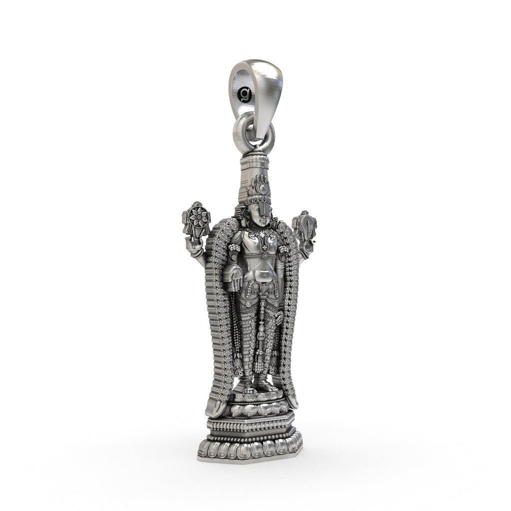 Side profile of the devotional Lord Venkateswara pendant in pure 925 silver, showcasing its dimensions.