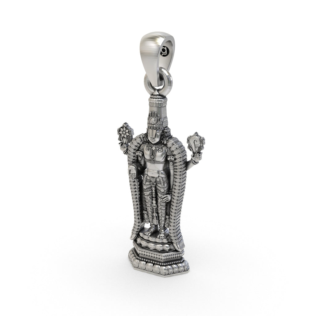Alankar's 925 silver Lord Venkateswara pendant on a neutral background to display its antique finish.