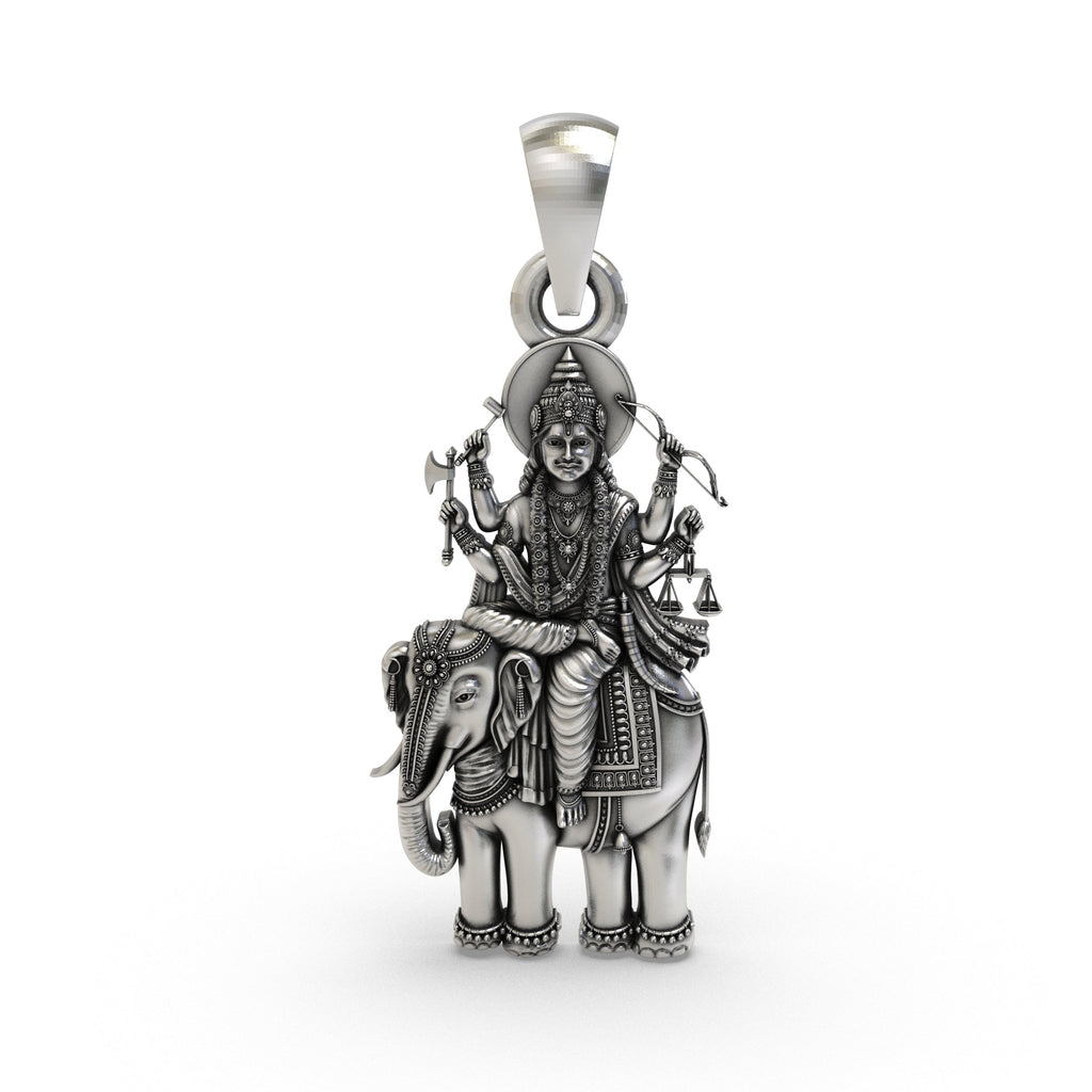 Front view of the intricately designed 925 Silver Brihaspati Pendant with a deep oxidized finish, showing the Guru Graha