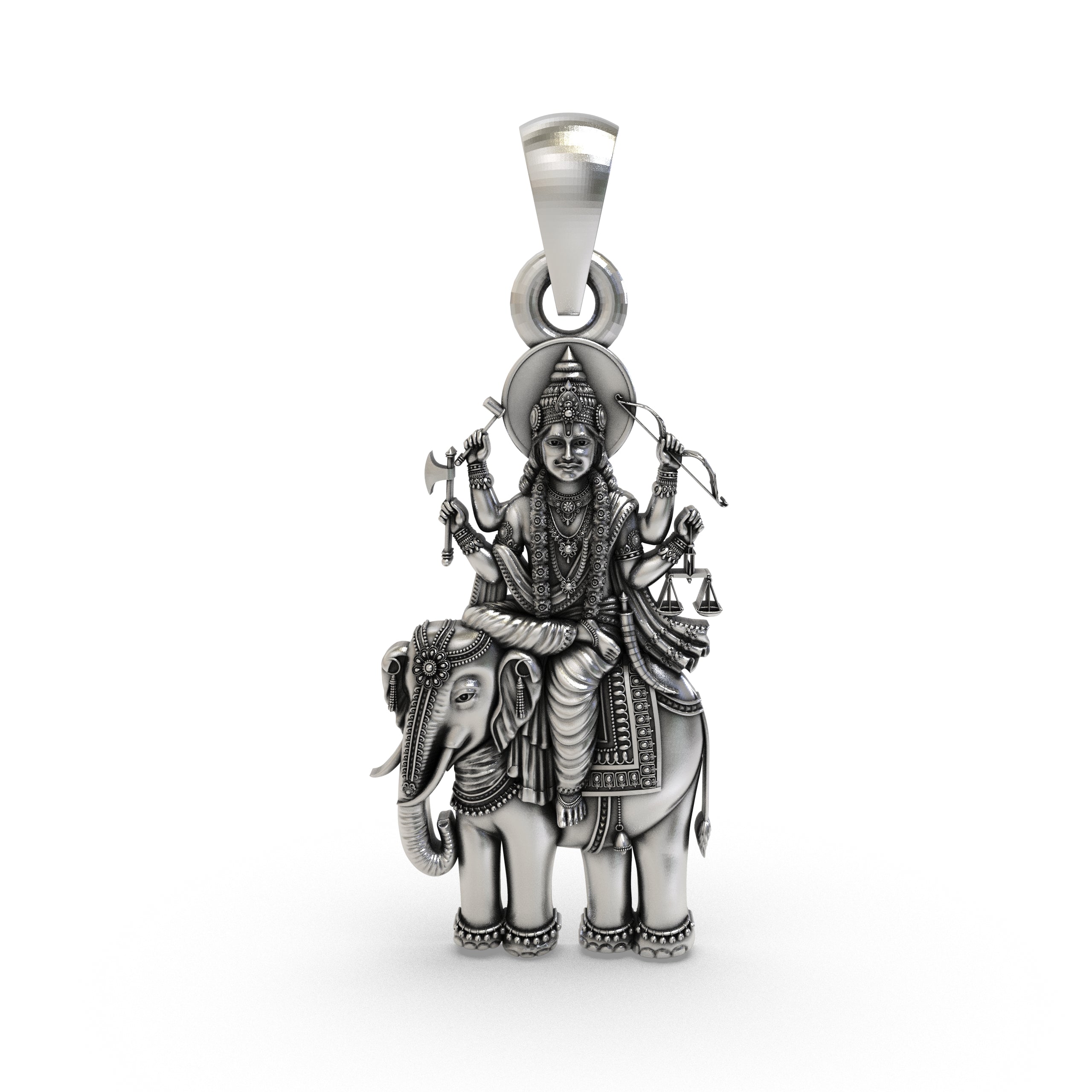 Front view of the intricately designed 925 Silver Brihaspati Pendant with a deep oxidized finish, showing the Guru Graha