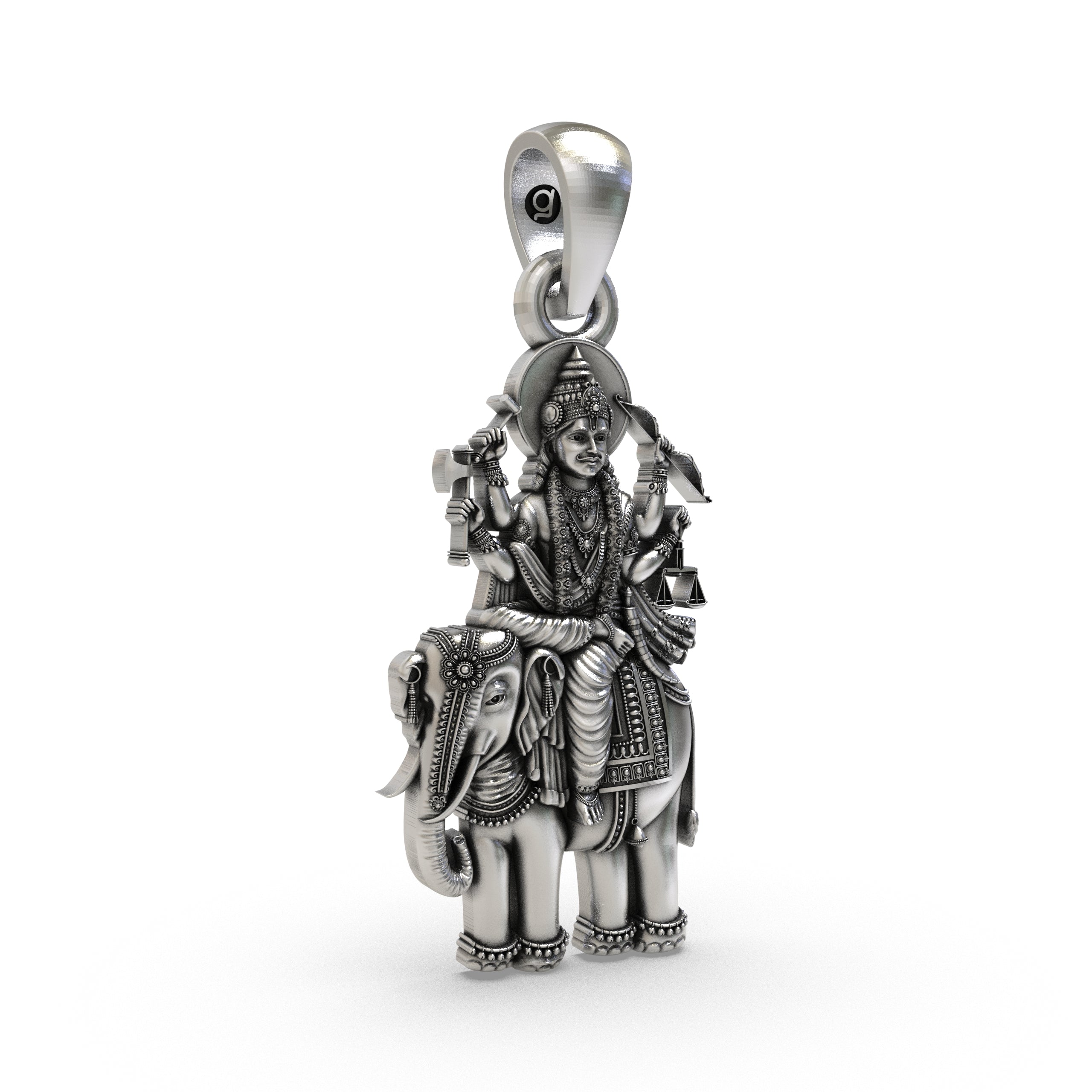 Close-up detail of the oxidized 925 Silver Brihaspati Pendant, showcasing the fine symbolic patterns for astrological pooja.