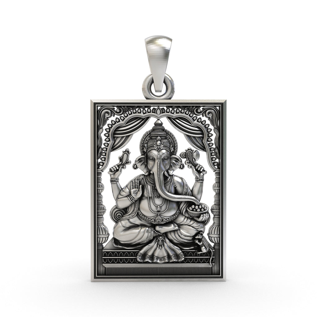 Front view of the 925 sterling silver Ganesh Ji frame pendant, showing the detailed craftsmanship and oxidized finish.