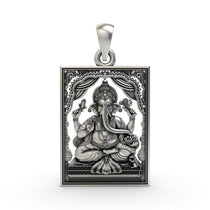 Front view of the 925 sterling silver Ganesh Ji frame pendant, showing the detailed craftsmanship and oxidized finish.