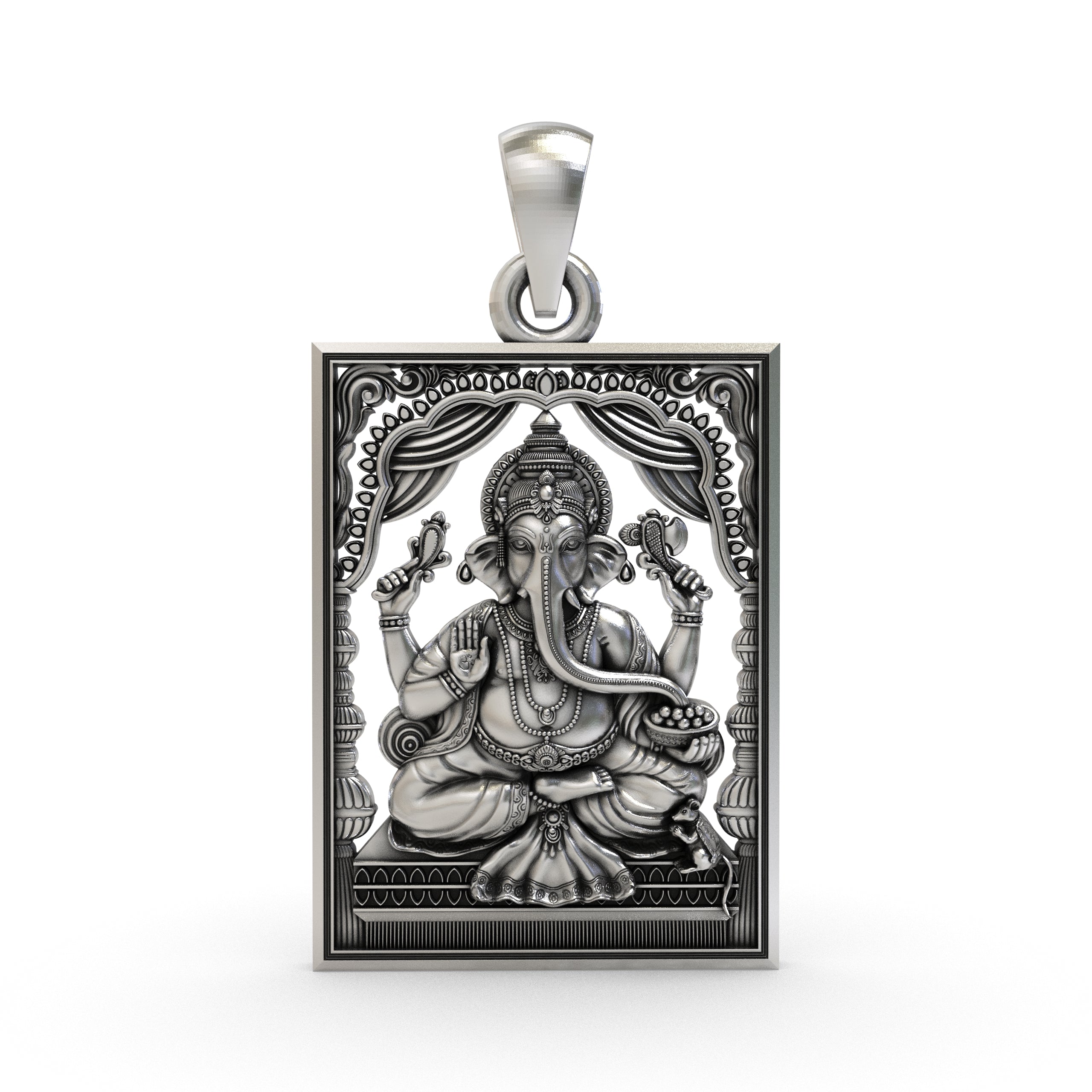 Front view of the 925 sterling silver Ganesh Ji frame pendant, showing the detailed craftsmanship and oxidized finish.