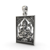 Angled shot of the silver Ganesh Ji pendant, highlighting the intricate details of Lord Ganesha seated within the frame.