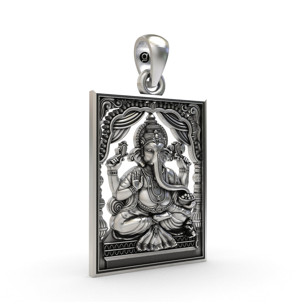 Close-up detail of the 925 silver Ganesh Ji frame pendant, showcasing the antique oxidized texture and fine silverwork.